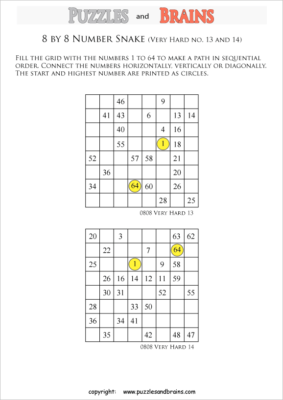 printable very difficult 8 by 8 Hidato Number Snake puzzles for young and old