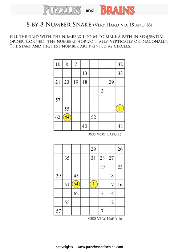 printable very difficult level 8 by 8 grid hidato number snake logic