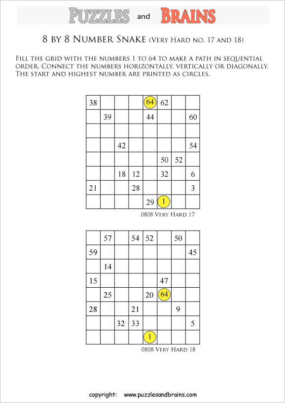 printable very difficult 8 by 8 Hidato Number Snake puzzles for young and old