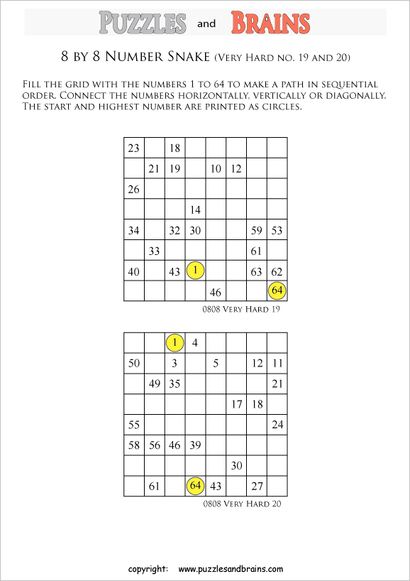 printable very difficult 8 by 8 Hidato Number Snake puzzles for young and old