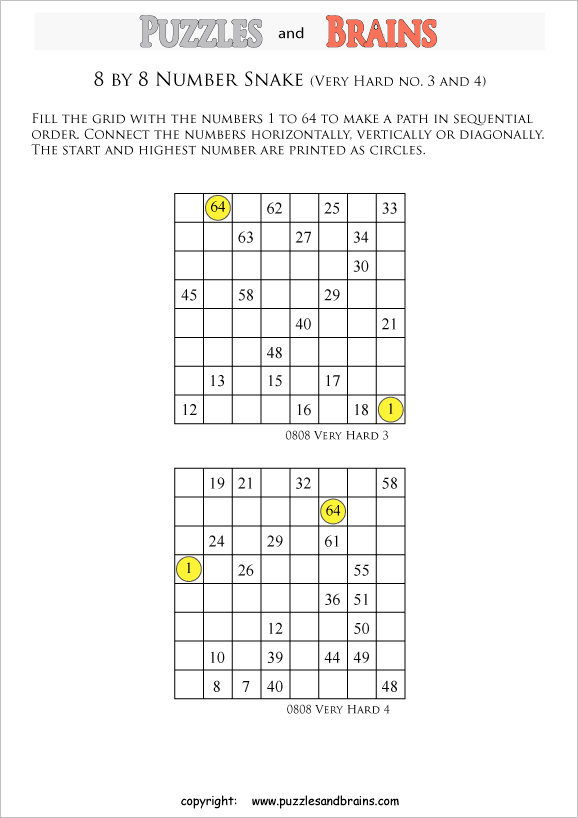 printable very difficult 8 by 8 Hidato Number Snake puzzles for young and old