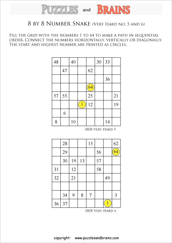 printable very difficult 8 by 8 Hidato Number Snake puzzles for young and old