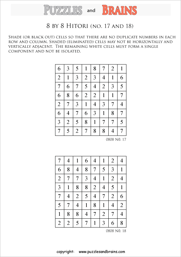 printable 8 by 8 Hitori logic puzzles that will boost your IQ