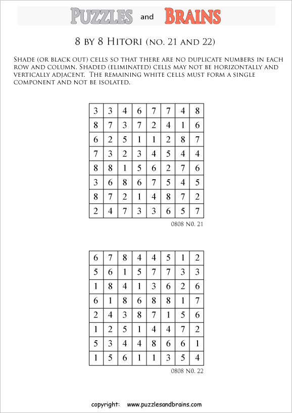 printable 8 by 8 Hitori logic puzzles that will boost your IQ