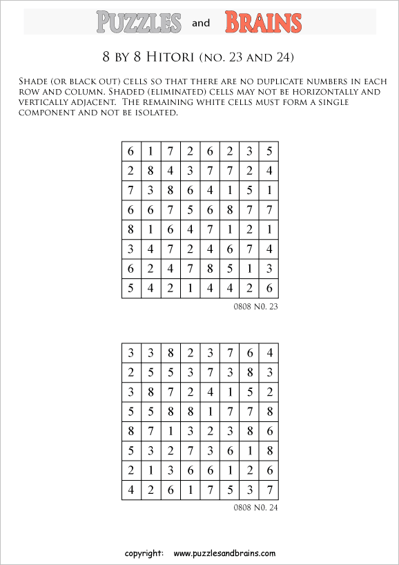 printable 8 by 8 Hitori logic puzzles that will boost your IQ