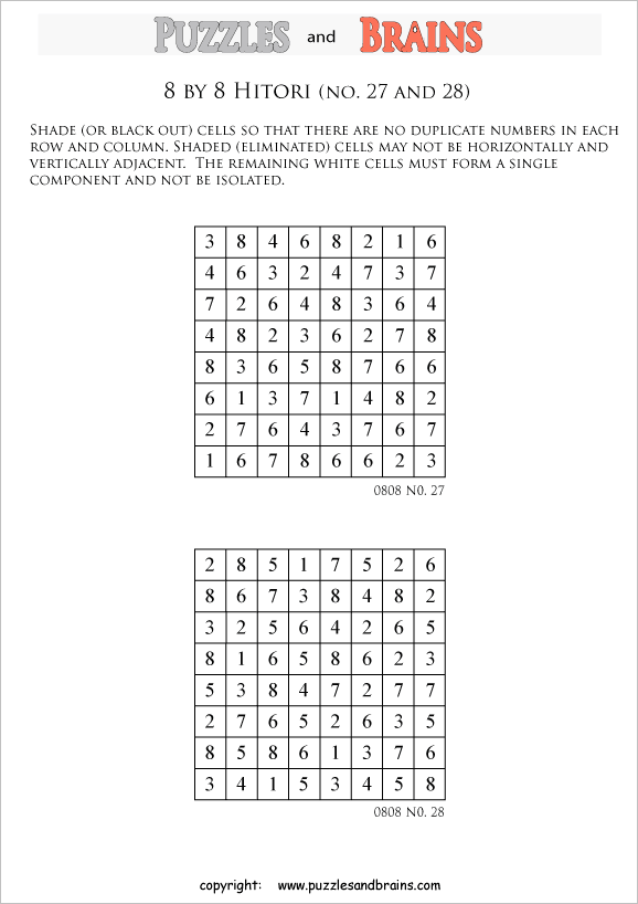 printable 8 by 8 Hitori logic puzzles that will boost your IQ