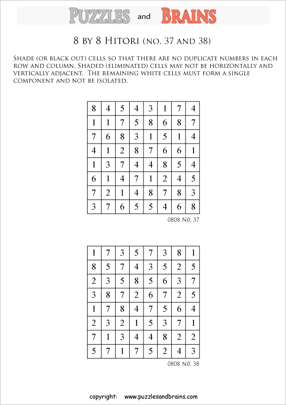 printable 8 by 8 Hitori logic puzzles that will boost your IQ