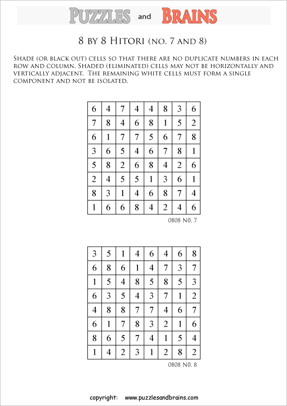 printable 8 by 8 Hitori logic puzzles that will boost your IQ