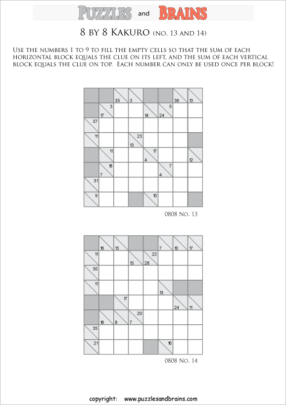 printable 8 by 8 math Kakuro puzzles for young and old math students