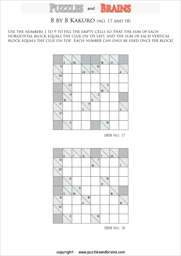 printable 8 by 8 math Kakuro puzzles for young and old math students