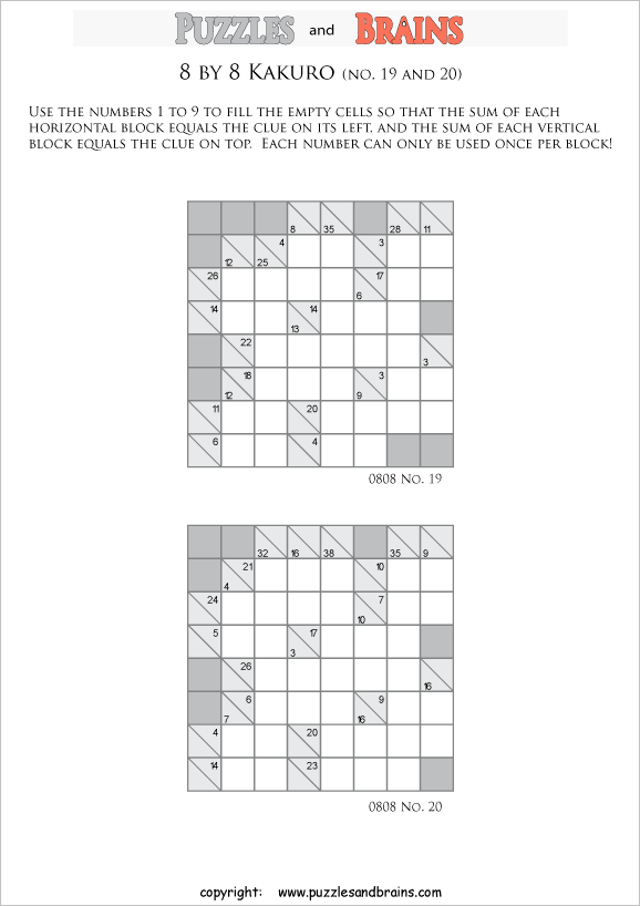 printable 8 by 8 math Kakuro puzzles for young and old math students