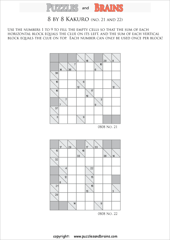 printable 8 by 8 math Kakuro puzzles for young and old math students