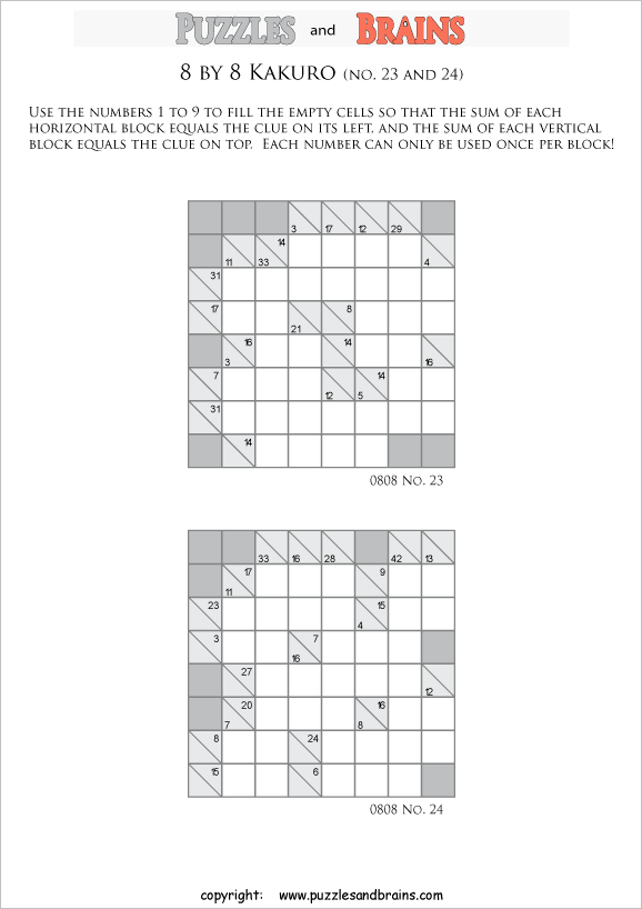 printable 8 by 8 math Kakuro puzzles for young and old math students