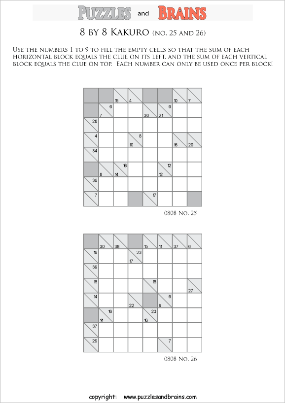 printable 8 by 8 math Kakuro puzzles for young and old math students