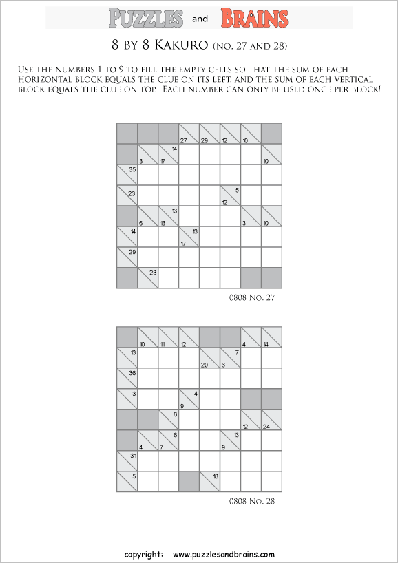 printable 8 by 8 math Kakuro puzzles for young and old math students