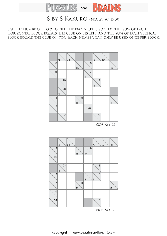 printable 8 by 8 math Kakuro puzzles for young and old math students