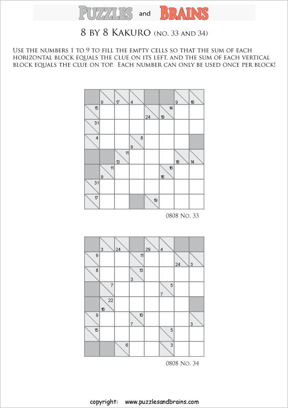 printable 8 by 8 math Kakuro puzzles for young and old math students