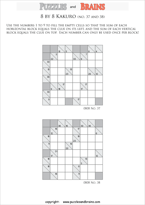 printable 8 by 8 math Kakuro puzzles for young and old math students