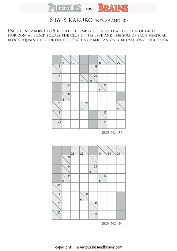 printable 8 by 8 math Kakuro puzzles for young and old math students