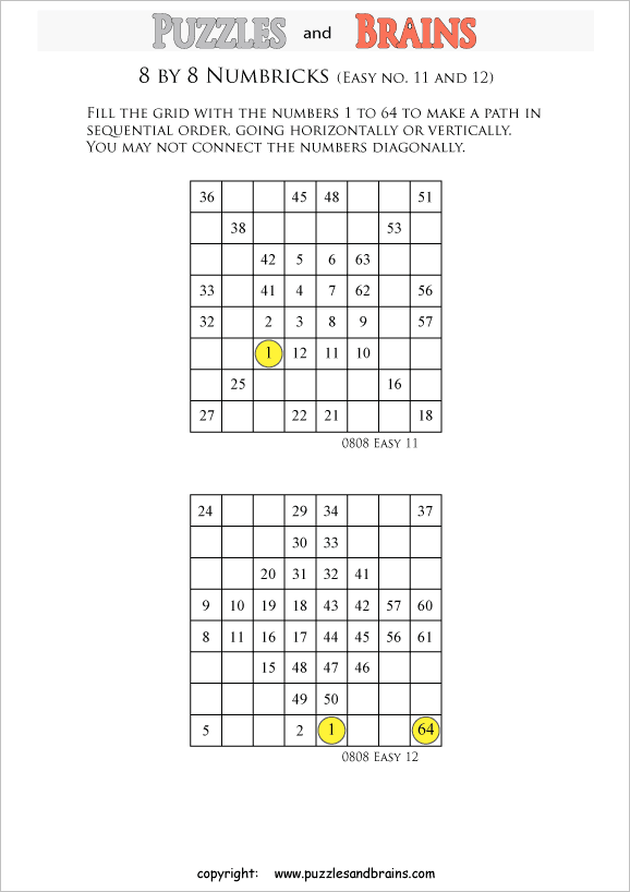 printable easier 8 by 8 Numbrix Number Snake puzzles for young and old