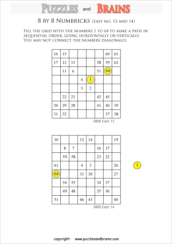 printable easier 8 by 8 Numbrix Number Snake puzzles for young and old