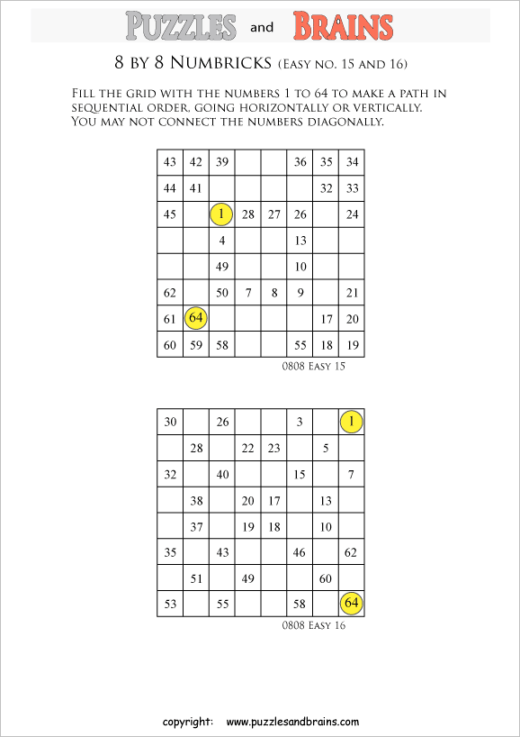 Printable easier level 8 by 8 grid Numbrix Number Snake logic puzzles
