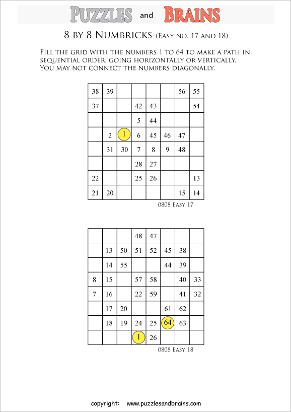 printable easier 8 by 8 Numbrix Number Snake puzzles for young and old