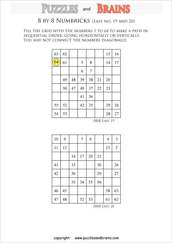 printable easier 8 by 8 numbrix number snake puzzles for young and old