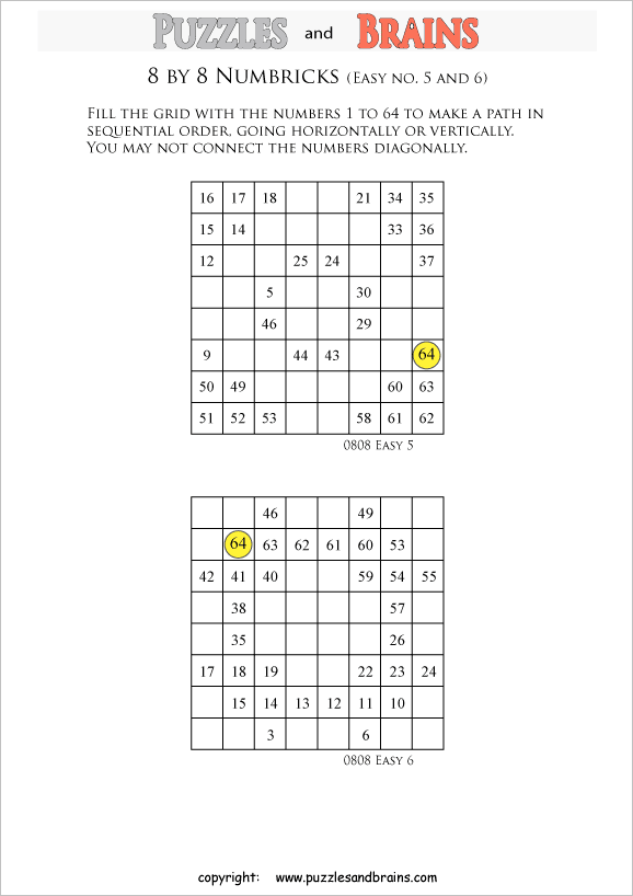 printable easier 8 by 8 Numbrix Number Snake puzzles for young and old