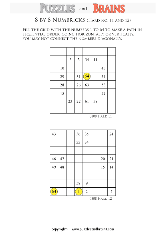 printable 8 by 8 difficult level Numbrix logic IQ puzzles