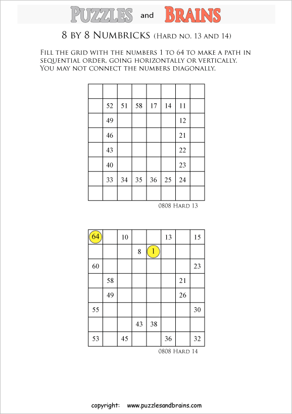 printable 8 by 8 difficult level Numbrix logic IQ puzzles