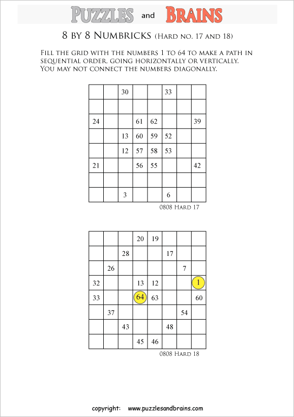 printable 8 by 8 difficult level numbrix logic puzzles for