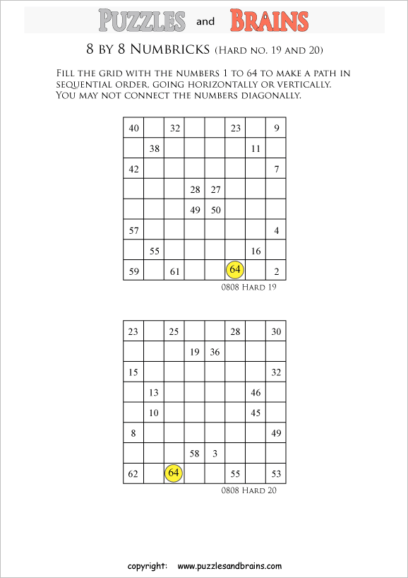 printable 8 by 8 difficult level numbrix logic puzzles for