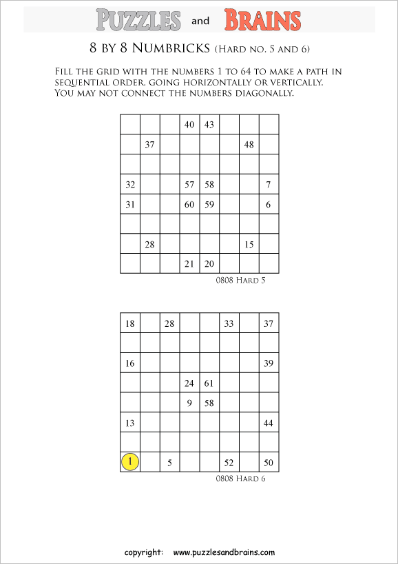 printable 8 by 8 difficult level Numbrix logic IQ puzzles