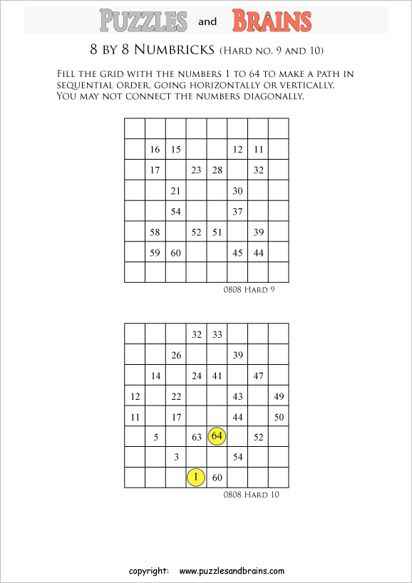 printable 8 by 8 difficult level Numbrix logic IQ puzzles