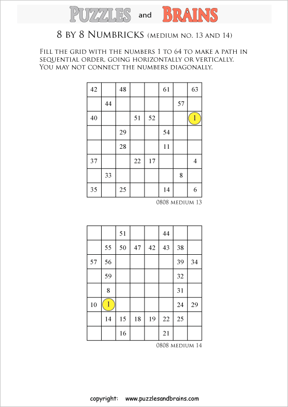 printable 8 by 8 medium level Numbrix logic IQ puzzles