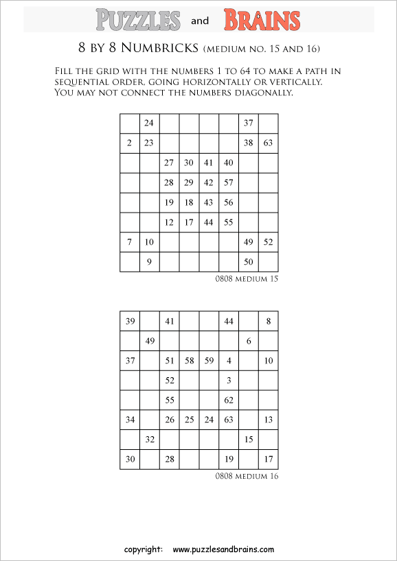 printable 8 by 8 medium level Numbrix logic IQ puzzles