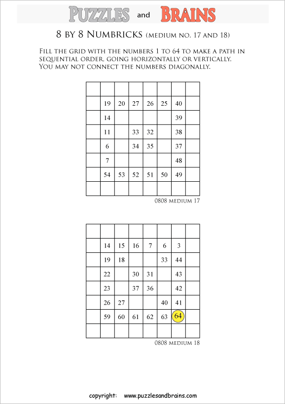 printable 8 by 8 medium level Numbrix logic IQ puzzles