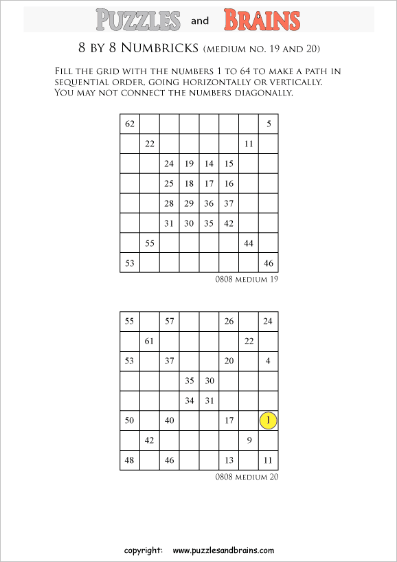 printable 8 by 8 medium level Numbrix logic IQ puzzles