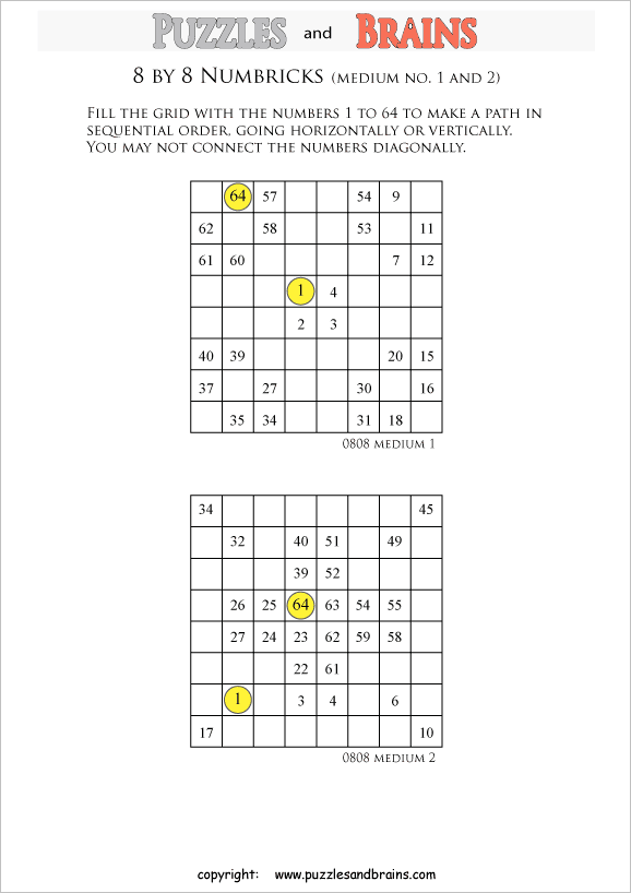 Printable 8 by 8 medium level Numbrix logic puzzles for kids and adults