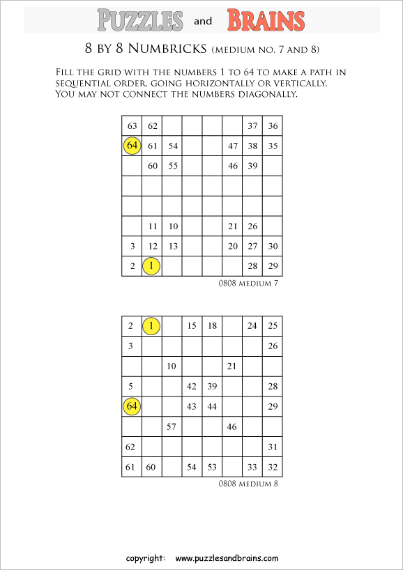 printable 8 by 8 medium level Numbrix logic IQ puzzles