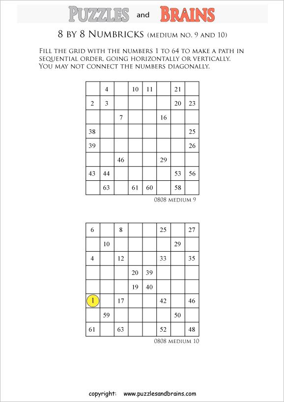 printable 8 by 8 medium level Numbrix logic IQ puzzles