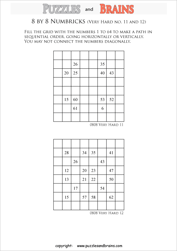 printable 8 by 8 very difficult level numbrix logic