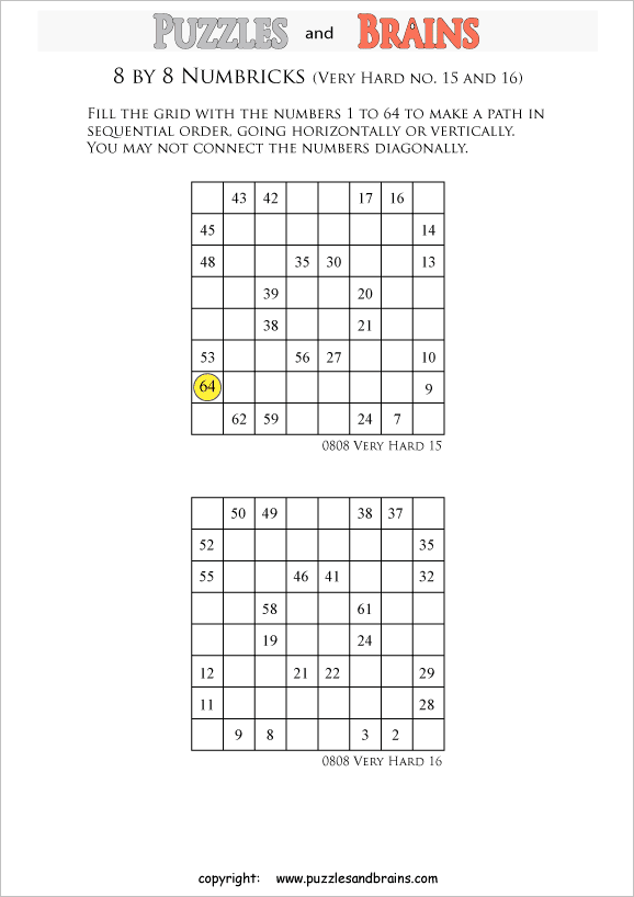 Printable 8 by 8 very difficult level Numbrix logic puzzles for kids