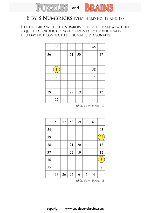 printable 8 by 8 very hard level Numbrix logic IQ puzzles