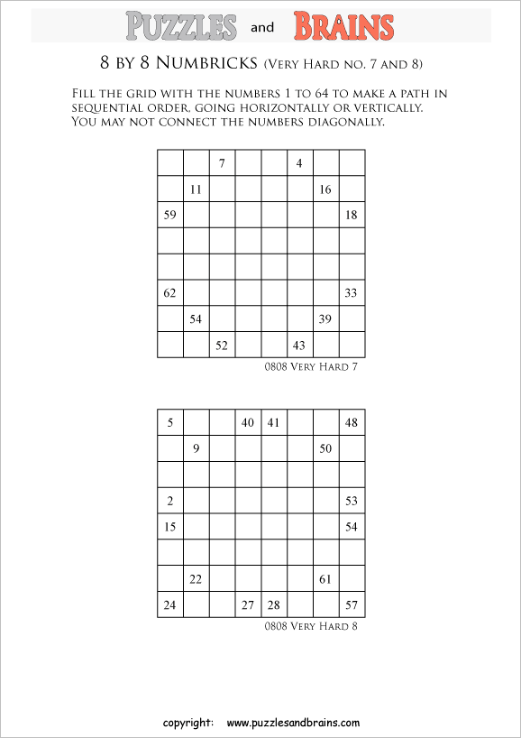 printable 8 by 8 very hard level Numbrix logic IQ puzzles