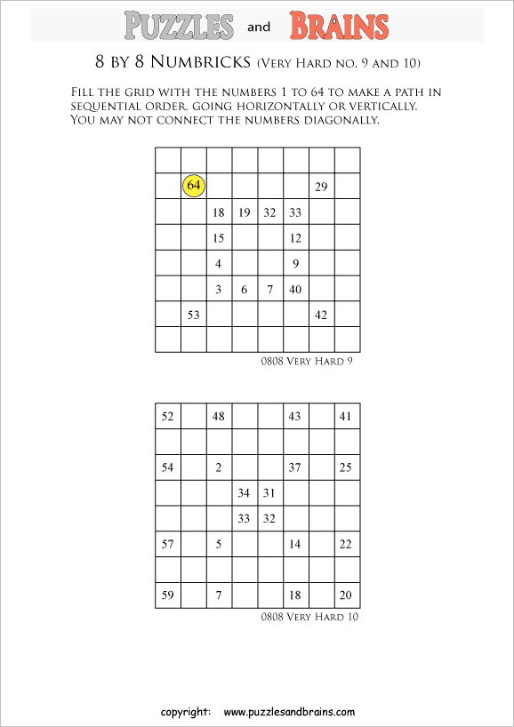 printable 8 by 8 very difficult level numbrix logic puzzles for kids