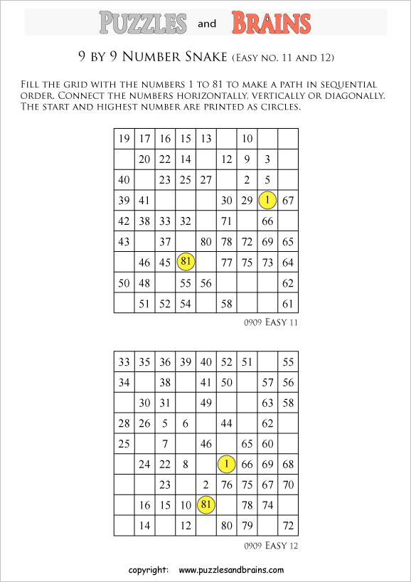 printable easier 9 by 9 hidato number snake puzzles for young and old