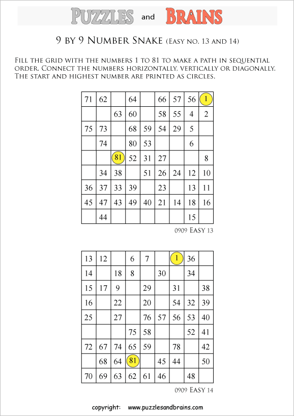 printable easier 9 by 9 hidato number snake puzzles for