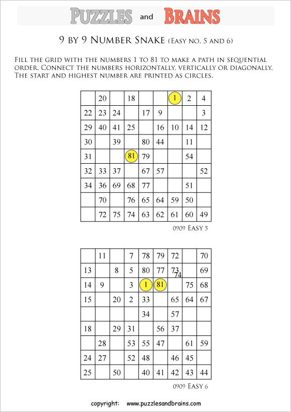 printable easier 9 by 9 Hidato Number Snake puzzles for young and old